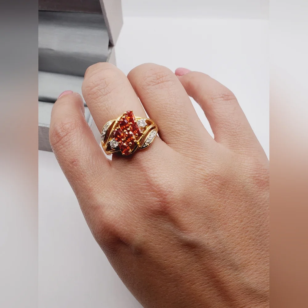 Genuine Mandarin Spessartite Orange Garnet Yellow Gold Tone / 925 Silver Ring